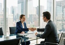 Femme d'affaires en costume navy serre la main d'un client dans un bureau moderne