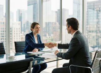 Comment la vente avec complément de prix peut booster votre chiffre d’affaires Femme d'affaires en costume navy serre la main d'un client dans un bureau moderne