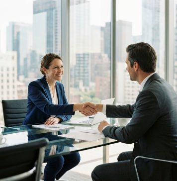 Comment la vente avec complément de prix peut booster votre chiffre d’affaires Femme d'affaires en costume navy serre la main d'un client dans un bureau moderne