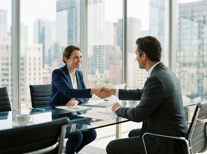 Femme d'affaires en costume navy serre la main d'un client dans un bureau moderne