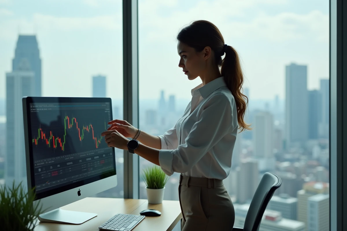 Femme regardant des graphiques financiers dans un bureau