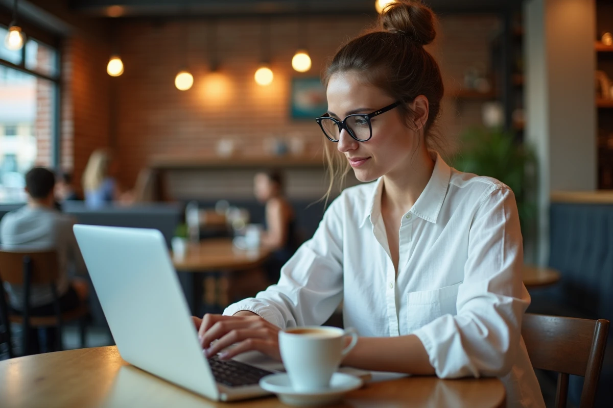 Femme analysant des rendements de protocoles DeFi sur son ordinateur portable dans un café urbain