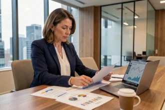 Femme professionnelle analysant des documents financiers relatifs à une SCPI dans un bureau moderne