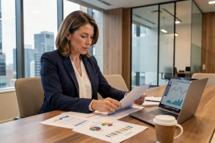 Femme professionnelle analysant des documents financiers relatifs à une SCPI dans un bureau moderne