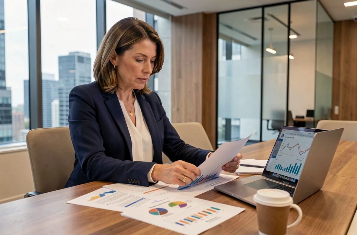 Femme professionnelle analysant des documents financiers relatifs à une SCPI dans un bureau moderne