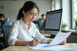 Femme d'affaires analysant un dossier Avanseo avec des documents administratifs sur un bureau moderne