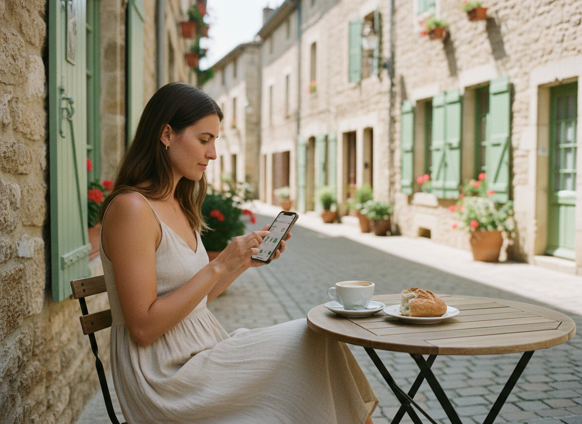 Jeune femme utilisant une application bancaire en terrasse
