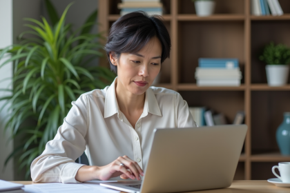 Femme d'âge moyen utilisant un ordinateur portable pour ses transactions bancaires