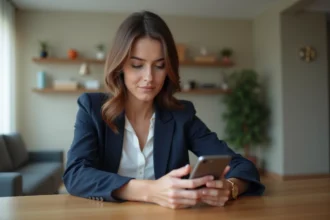 Femme utilisant une application bancaire sur smartphone à la maison
