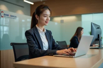 Jeune femme d'affaires utilisant un ordinateur dans une banque moderne