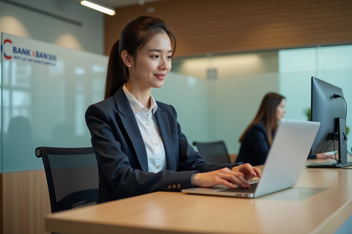 Jeune femme d'affaires utilisant un ordinateur dans une banque moderne