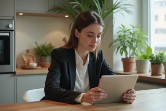 Jeune femme en bureau à la maison consulte son budget