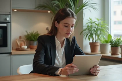 Jeune femme en bureau à la maison consulte son budget