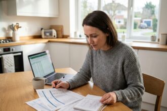 Femme consultant son budget mensuel à la table de cuisine pour planifier un investissement locatif
