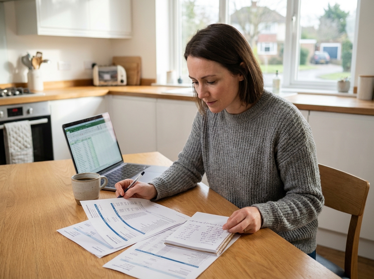 Femme consultant son budget mensuel à la table de cuisine pour planifier un investissement locatif
