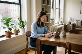 Jeune femme travaillant sur son ordinateur dans un appartement lumineux