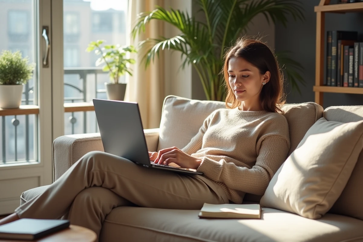 Jeune femme travaillant sur son ordinateur dans un bureau lumineux