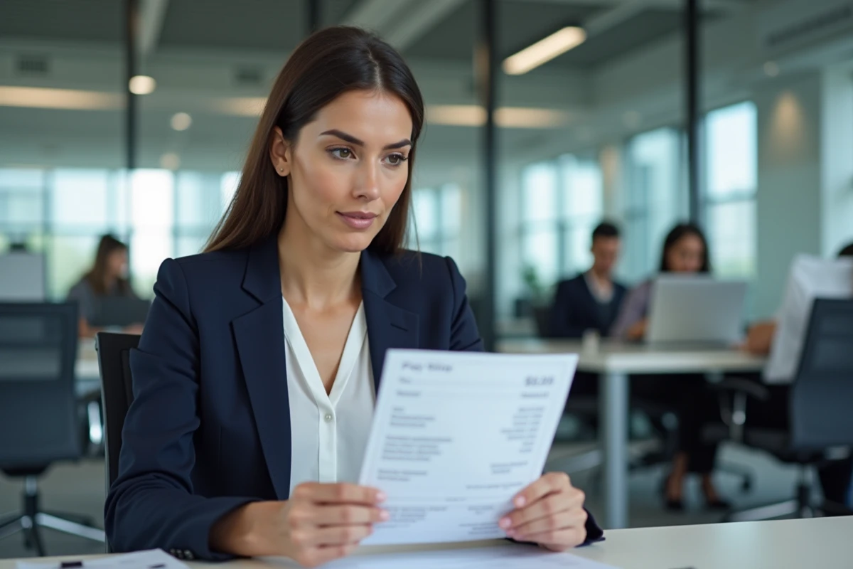 Femme cadre analysant sa fiche de paie dans un bureau moderne, illustrant le calcul du salaire brut en net à 2480 euros