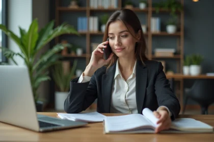 Femme professionnelle au bureau parlant au téléphone