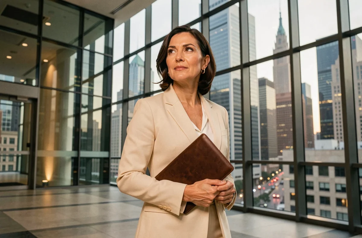 Femme cadre en tailleur crème dans un hall corporate moderne, illustrant le patrimoine et les contrats médias d'une grande journaliste française