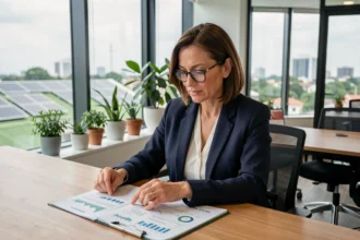 Femme cadre analysant des documents de SCPI développement durable dans un bureau moderne avec vue sur toits végétalisés