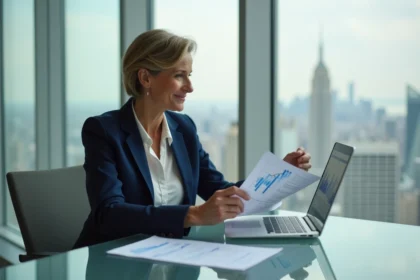 Femme cadre analysant une stratégie de croissance Capital sur ordinateur portable dans un bureau moderne