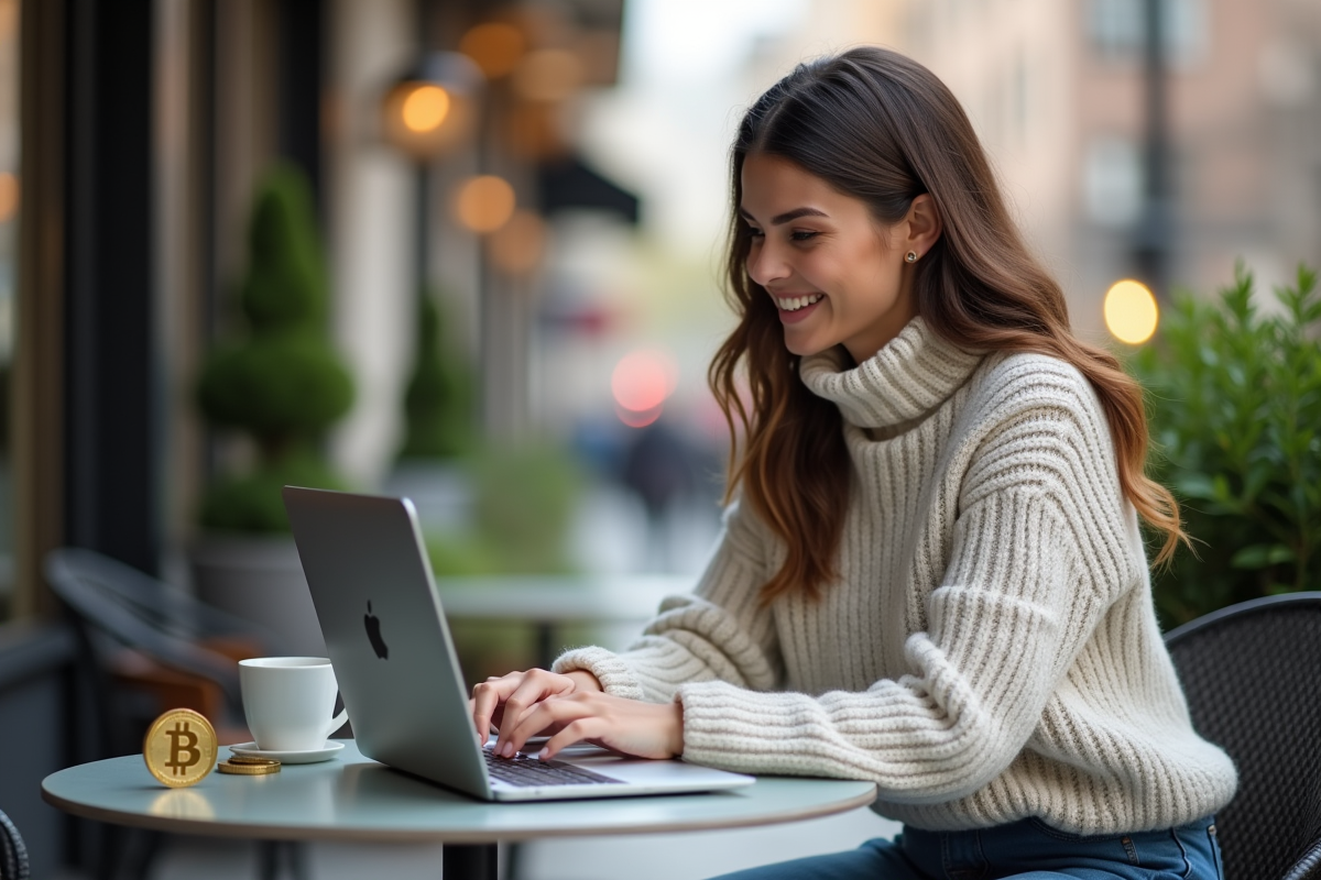 Femme souriante utilisant un ordinateur portable avec une pièce de cryptomonnaie à côté