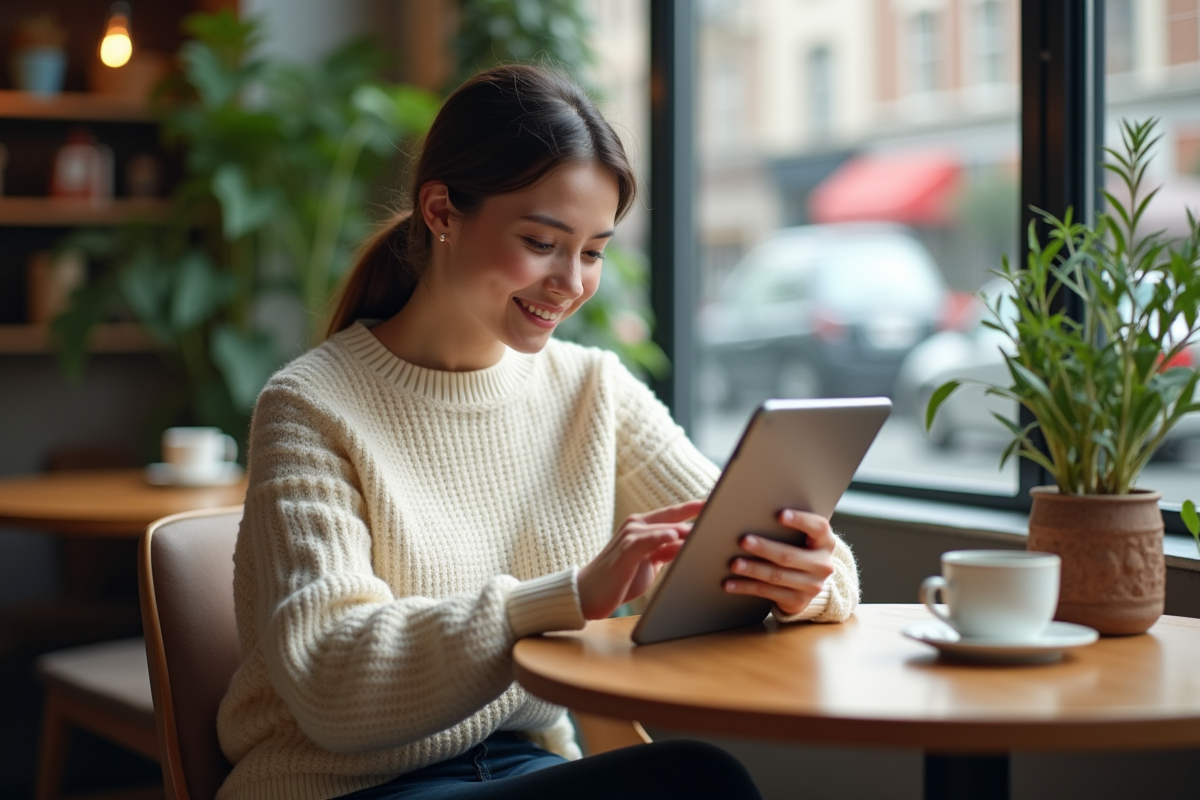 Jeune femme utilisant une tablette dans un café cosy