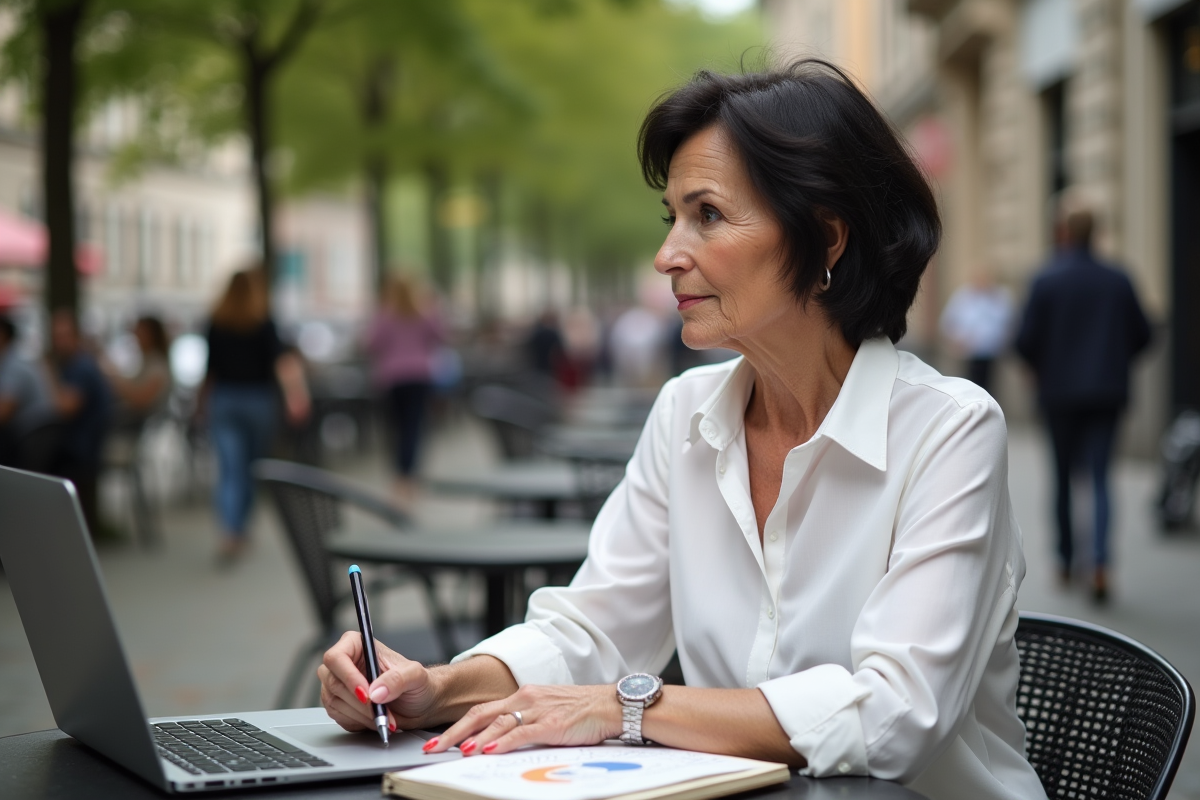 Femme âgée réfléchissant à ses investissements en extérieur