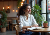 Noémie Femme assise au café avec un carnet en main