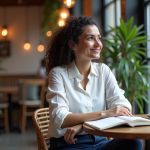 Noémie Femme assise au café avec un carnet en main