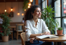 Noémie Femme assise au café avec un carnet en main