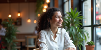 Noémie Femme assise au café avec un carnet en main
