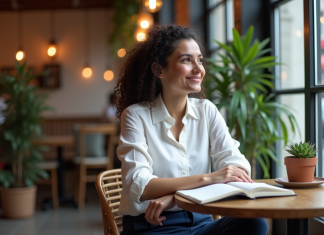 Noémie Femme assise au café avec un carnet en main
