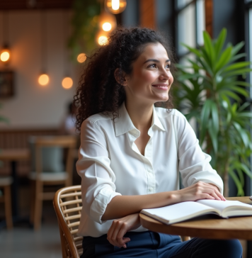 Femme assise au café avec un carnet en main