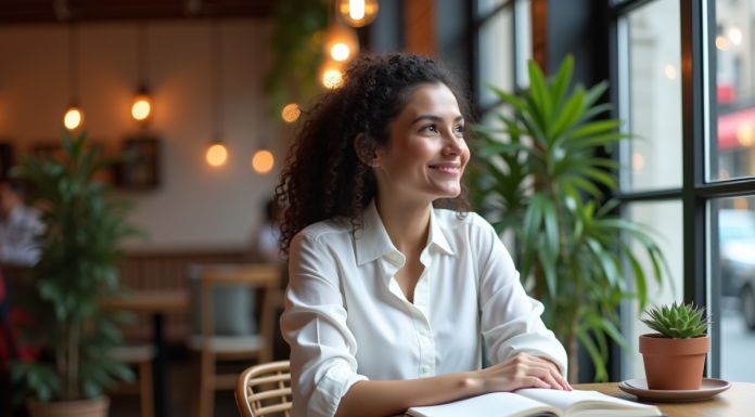 Noémie Femme assise au café avec un carnet en main