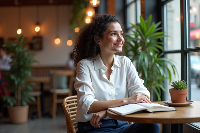 femme-cafe-lecture Femme assise au café avec un carnet en main