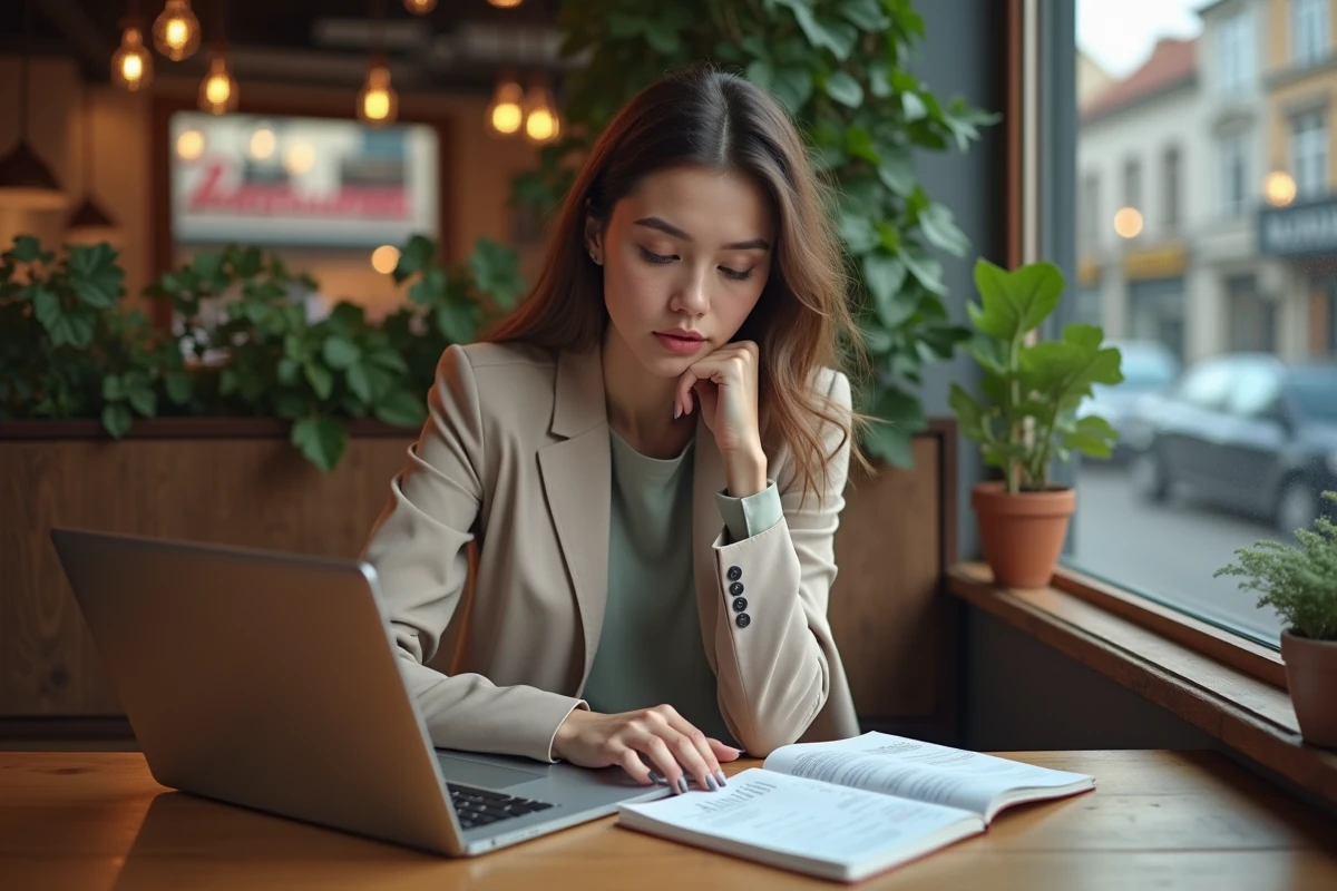 Jeune femme comparant des statistiques dans un café