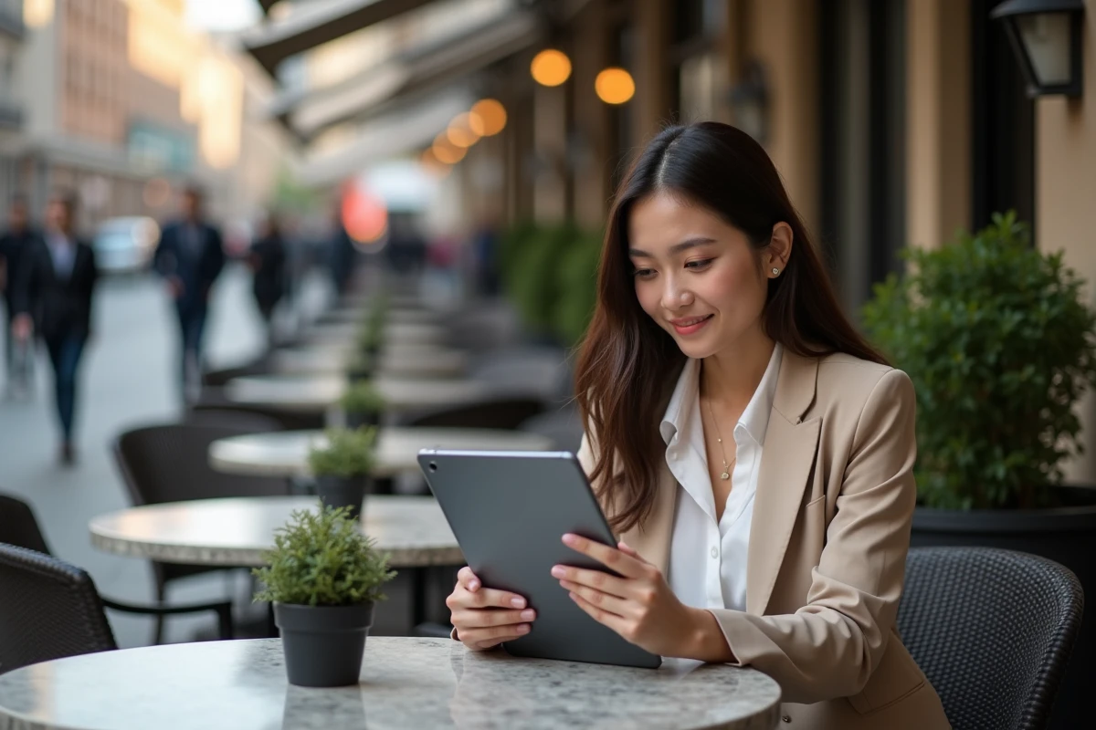 Femme au café utilisant une tablette pour suivre Solana