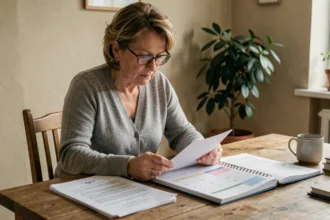 Femme consultant son calendrier de paiement de pension d'invalidité avec des documents administratifs sur une table en bois