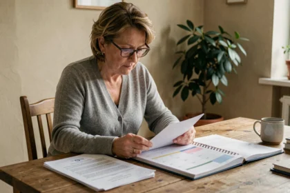 Femme consultant son calendrier de paiement de pension d'invalidité avec des documents administratifs sur une table en bois