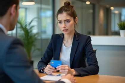 Femme tenant une carte bancaire bloquée lors d'un entretien avec un conseiller bancaire pour lever une opposition