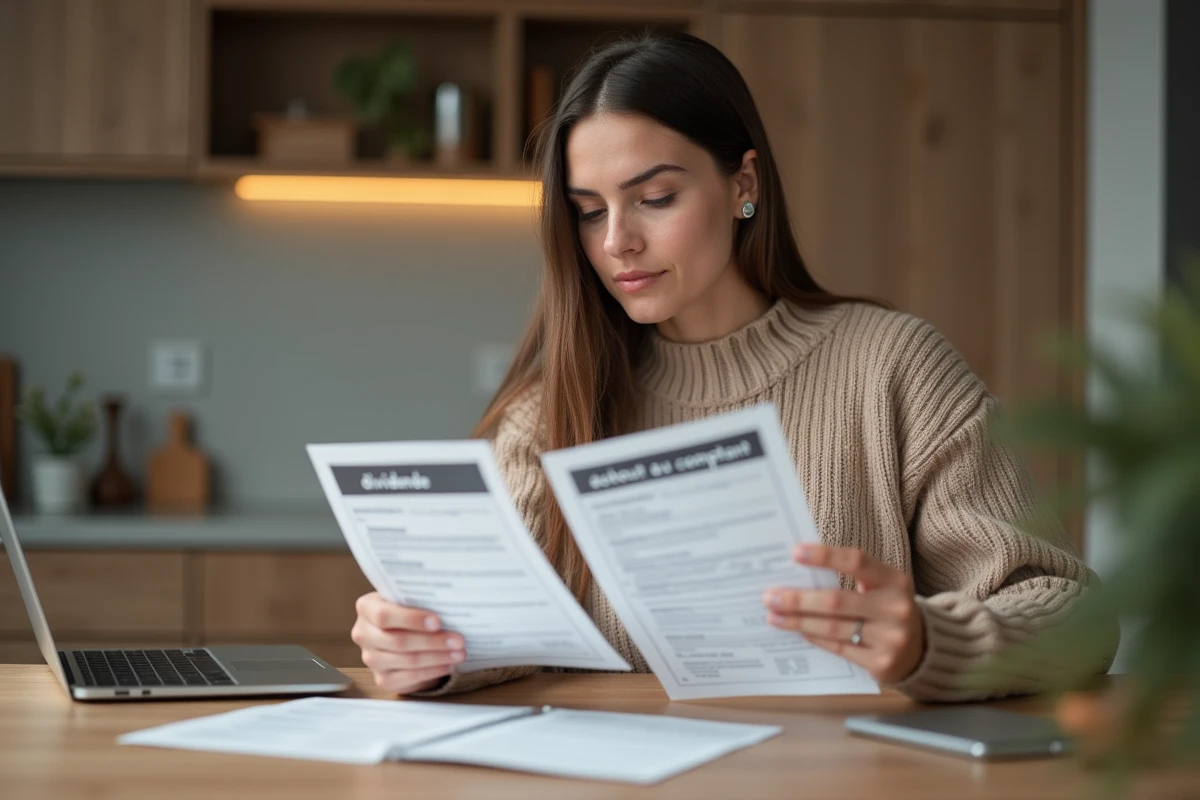 Jeune femme compare deux documents financiers à la maison