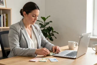 Femme comptant des billets de banque en euros devant un ordinateur portable affichant une calculatrice en ligne