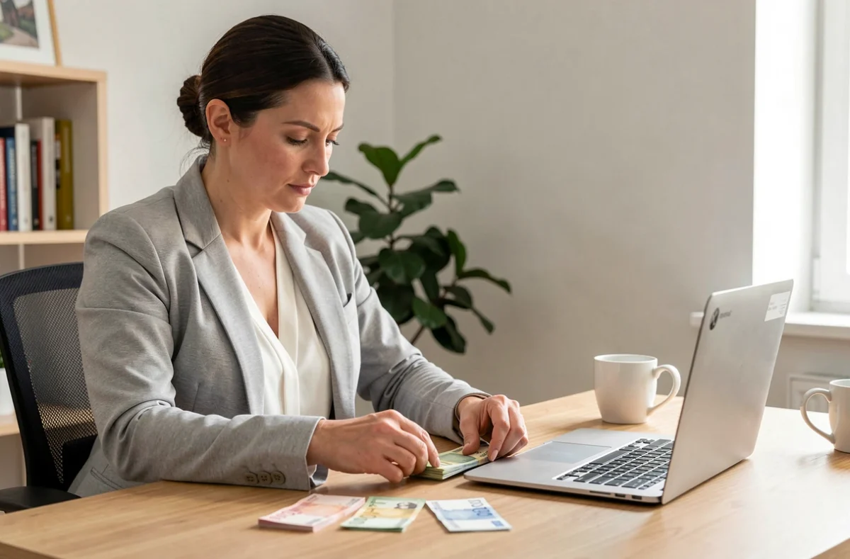 Femme comptant des billets de banque en euros devant un ordinateur portable affichant une calculatrice en ligne
