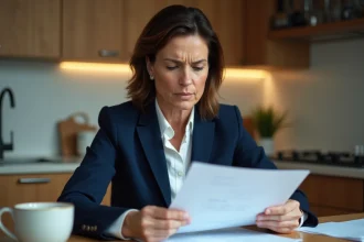 Femme d'âge moyen lit une lettre inquiète à la maison