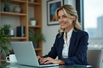 Femme professionnelle se connectant à son espace BNP Banque Privée sur un ordinateur portable dans un bureau moderne