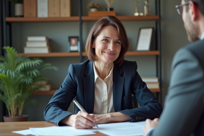 Femme d'âge moyen parlant avec un conseiller financier