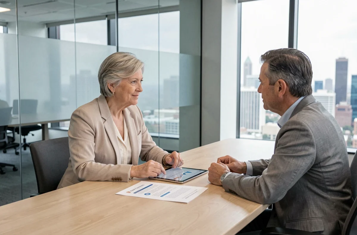 Femme discutant de placement SCPI avec un conseiller financier dans une agence moderne