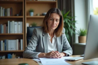 Femme consultant des documents relatifs à un fichage abusif dans un bureau à domicile